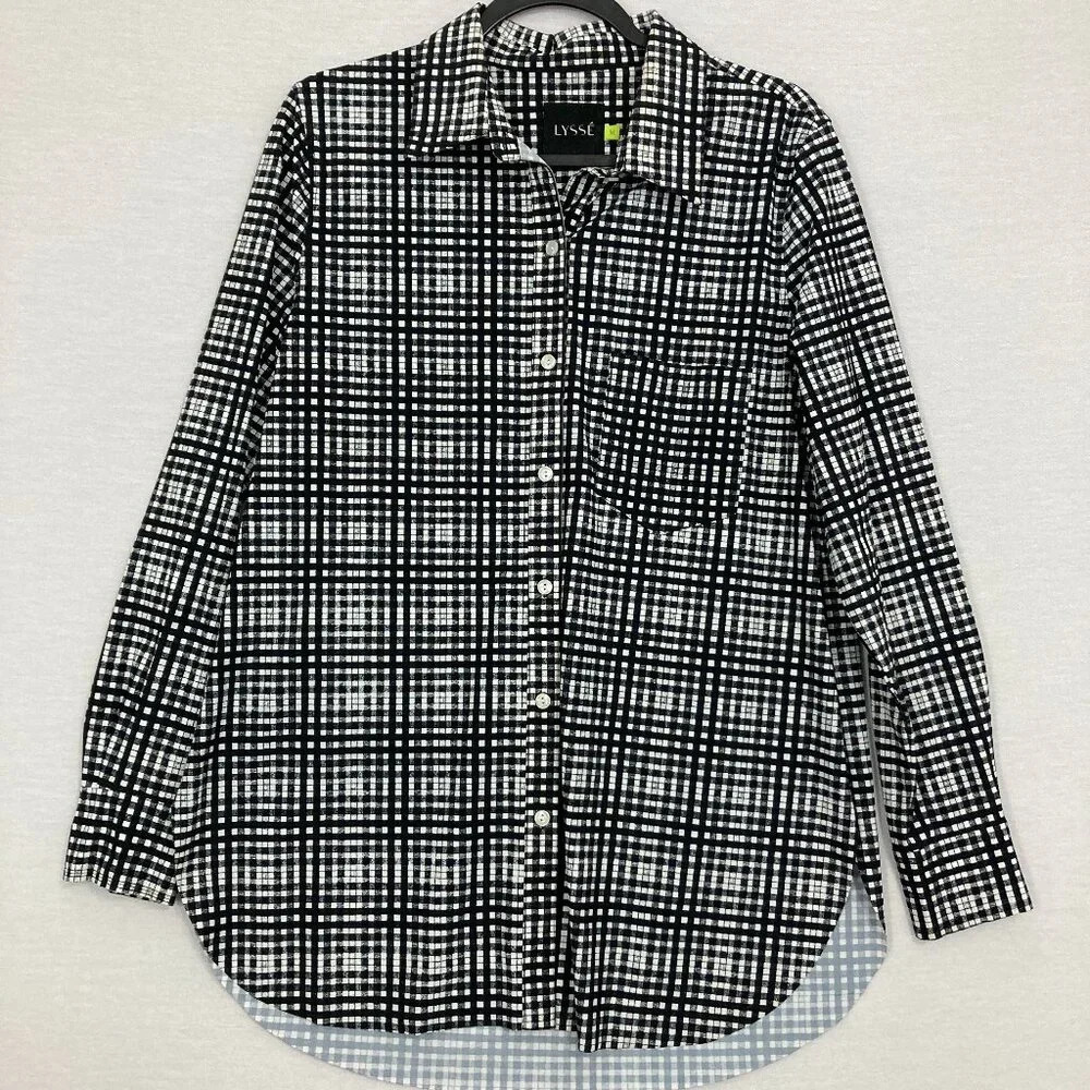 Lysse Black White Plaid Soft Comfy Relaxed Long Sleeve Button Down Medium Office